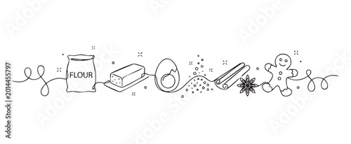 Holiday baking ingredients in a continuous line art style featuring flour, butter, egg, spices, and gingerbread man for a festive cooking concept on a transparent background vector