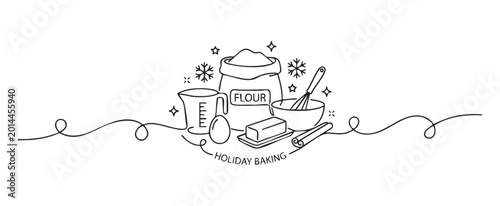 Holiday baking ingredients illustration featuring flour, eggs, and butter in a minimalist vector line art style for festive cooking concept with a transparent background
