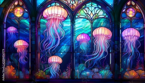 cathedral stained glass window composed of living bioluminescent jellyfish sacred marine concept glowing ecclesiastical aquarium divine ocean in architectural wonder