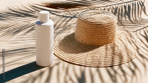 Sunscreen Bottle And Straw Hat On Sandy Beach For Summer Vacation Concepts