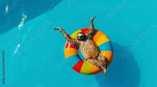 AI generated sloth relaxing in colorful inflatable pool ring, minimalist tropical summer vacation concept with luxury copy space