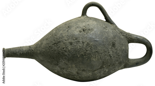 Ancient ceramic oil lamp with a long spout and handle, showing historical artifact and antique lighting on a transparent background