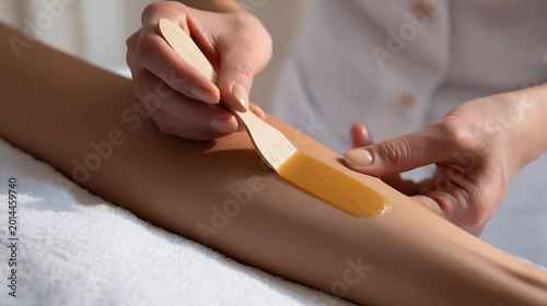 Professional Hair Removal Treatment: Esthetician Apply Wax to Female Leg for Smooth Skin in a Relaxing Spa Environment