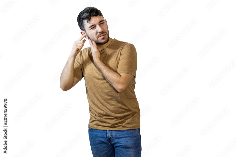 Fototapeta premium Young man suffering from earache touching ear and neck on white background. PNG