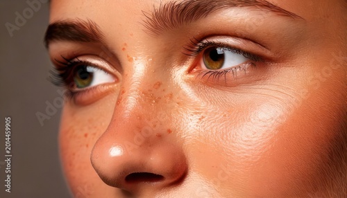 Close-up of a womans face showcasing natural beauty and skin texture.