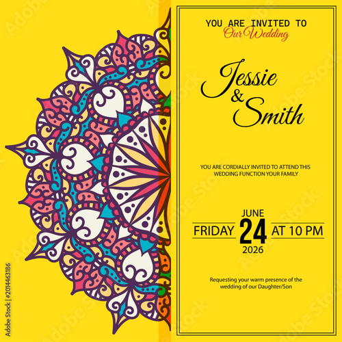 Foto Vibrant Wedding Invitation Card With Mandala Design For Indian Wedding Celebrati