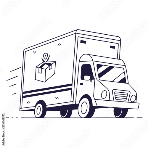 A delivery truck with a box on the side driving