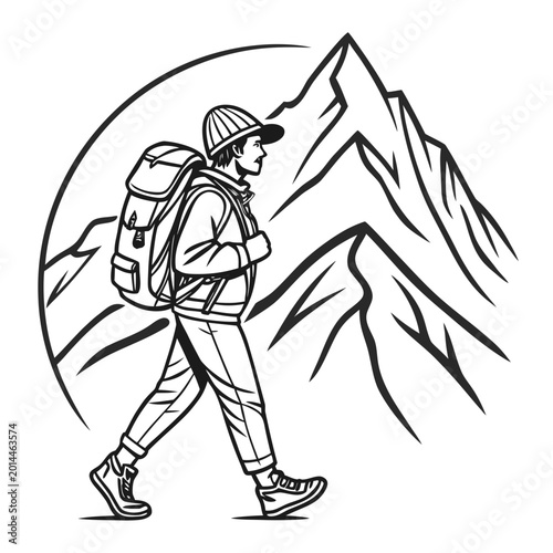 Black and white illustration of a hiker walking towards a mountain range with a backpack