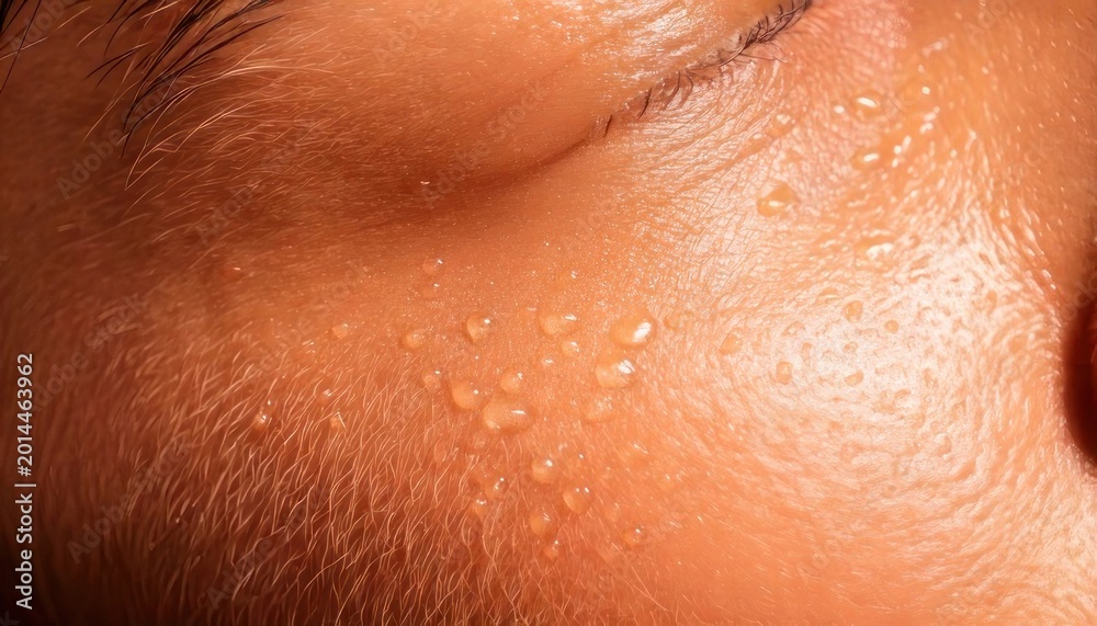 Fototapeta premium Close-up of skin with sweat droplets, showcasing texture and detail.