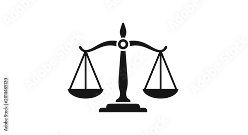 Scales of justice stand balanced on a flat surface to represent legal fairness, equality, and the impartial nature of judicial systems in this stark black and white vector illustration for concepts.