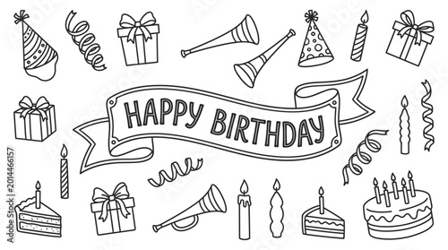 Photos A festive birthday celebration scene with party hats and gifts displayed prominently on a table indoors