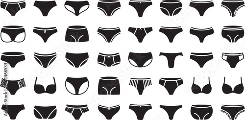 Collection of black underwear and swimwear icons vector bundle set