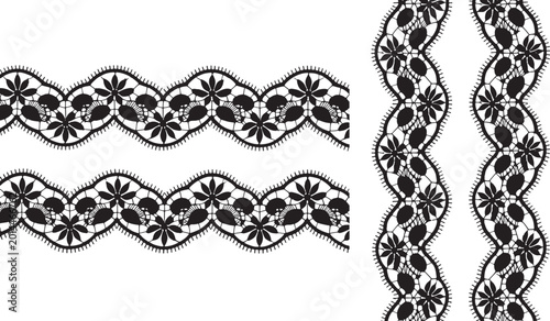 Intricate floral crochet lace border with scalloped and swirl patterns on white fabric vector bundle set