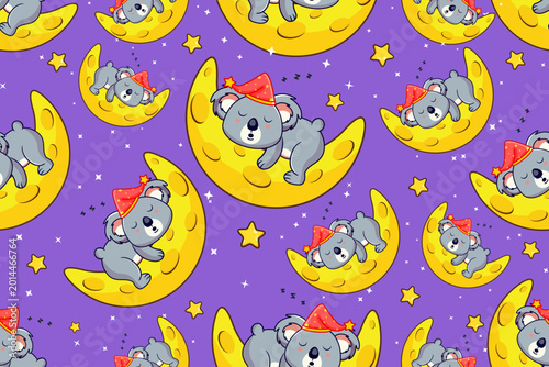 Photography Seamless Pattern with Sleeping Koalas on Crescent Moons Vector Illustration Kawa