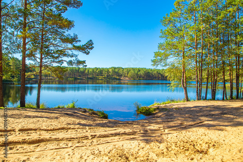 Foto Picturesque view of the lake surrounded by green pine forest.