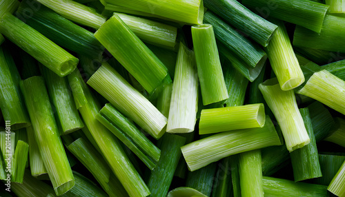 Pieces of fresh green onion as background, top view