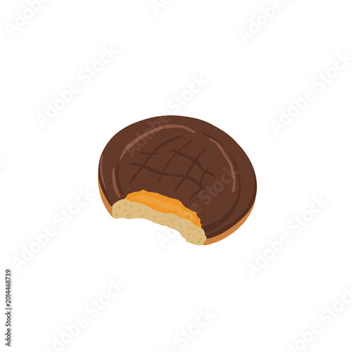 Foto Bitten chocolate jaffa cake cookie with orange jelly isolated on white