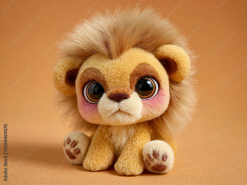 Fototapeta premium A fluffy, detailed lion cub toy with a surprised expression, sitting upright on a flat surface Soft fur textures, warm golden tones, large eyes with long eyelashes and eyebrows, subtle - AI-Generated