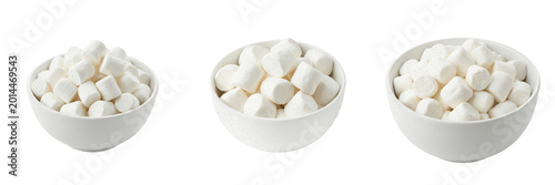 Cuadro en lienzo Set and collection of small bowl of white marshmallows isolated on white backgro