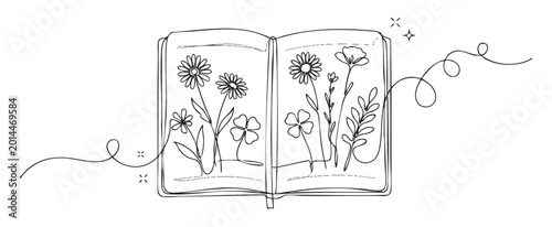 Continuous line drawing of pressed flowers in notebook for a creative growth concept, minimalist vector illustration on transparent background for journaling and nature lovers