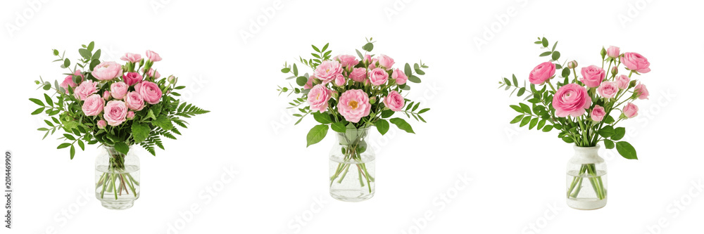 Obraz premium Set and collection of bouquet of pink roses isolated on white background