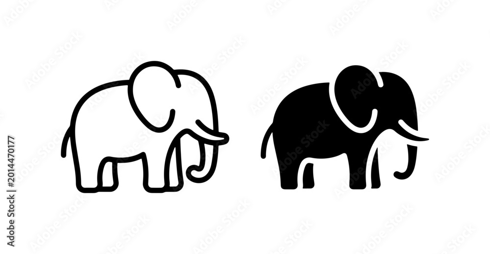 Fototapeta premium Simple Elephant Icons, Outline and Silhouette Vector Graphics, Black and White Animal Symbols for Wildlife and Safari Themes