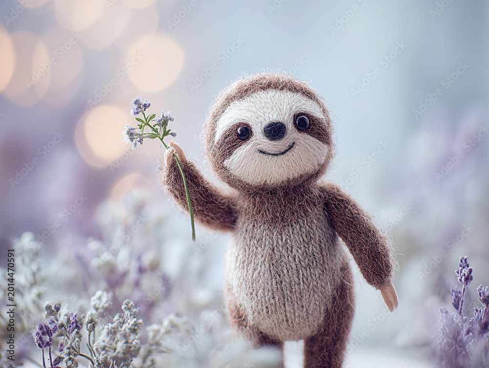 Fototapeta premium A close-up digital illustration of a cute, gray and white sloth plush toy standing on hind legs, holding a single purple flower Soft pastel color palette with a simple gradient backdro - AI-Generated