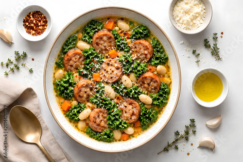 A top view arrangement displays sausage white bean kale soup styled with geometric precision and modern plating aesthetics