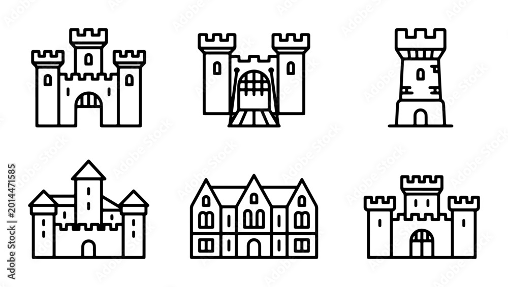Fototapeta premium Medieval Castle Icons, Fortress Symbols, Royal Palace Graphics, Historic Architecture Vector Set