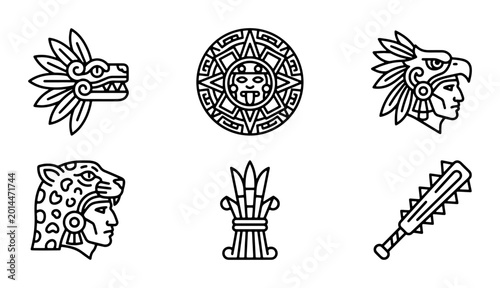 Ancient Aztec Icons Set, Mesoamerican Symbols Vector Collection, Tribal Warrior Headdress and Sun Stone Graphics, Historical Culture Elements