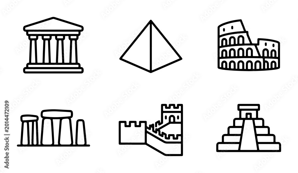 Fototapeta premium Ancient Wonders Vector Icons Set, Historical Landmarks Collection, Iconic Architecture Symbols, Global Heritage Monument Graphics
