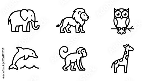 Photography Minimalist Animal Icons Set: Elephant, Lion, Owl, Dolphin, Monkey, Giraffe Vecto
