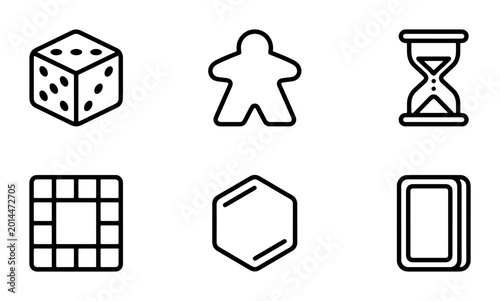 Photos Board Game Icons Set: Dice, Meeple, Hourglass, Grid, Hexagon, Cards for Tabletop