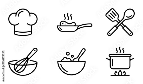 Minimalist Cooking Icons Set: Chef Hat, Frying Pan, Utensils, Whisk, Bowl, Pot on Stove, Culinary Graphics for Food Service and Restaurant Branding