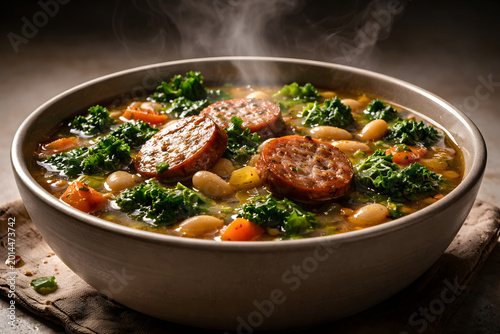 A dramatic low angle shot captures sausage white bean kale soup with rising steam and rich textures in elegant lighting
