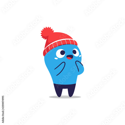 Foto Cute Blue Cartoon Character Wearing a Red Winter Hat, Expressing Surprise