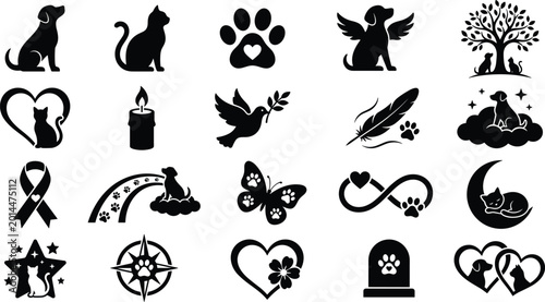 Pet memorial icons including dog cat paw prints hearts wings rainbow and star graphics