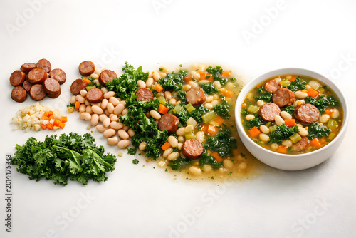 A deconstructed presentation shows sausage white bean kale soup ingredients arranged separately before blending visually into harmony