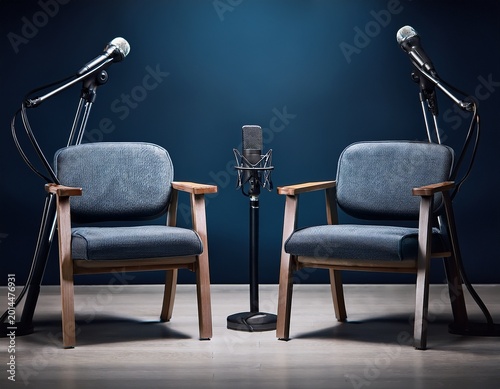 behind the scenes empty scene of two chairs and microphones stand in interview or podcast room isolated on dark navy background concept of silence after the hubbub intense preparation of the program