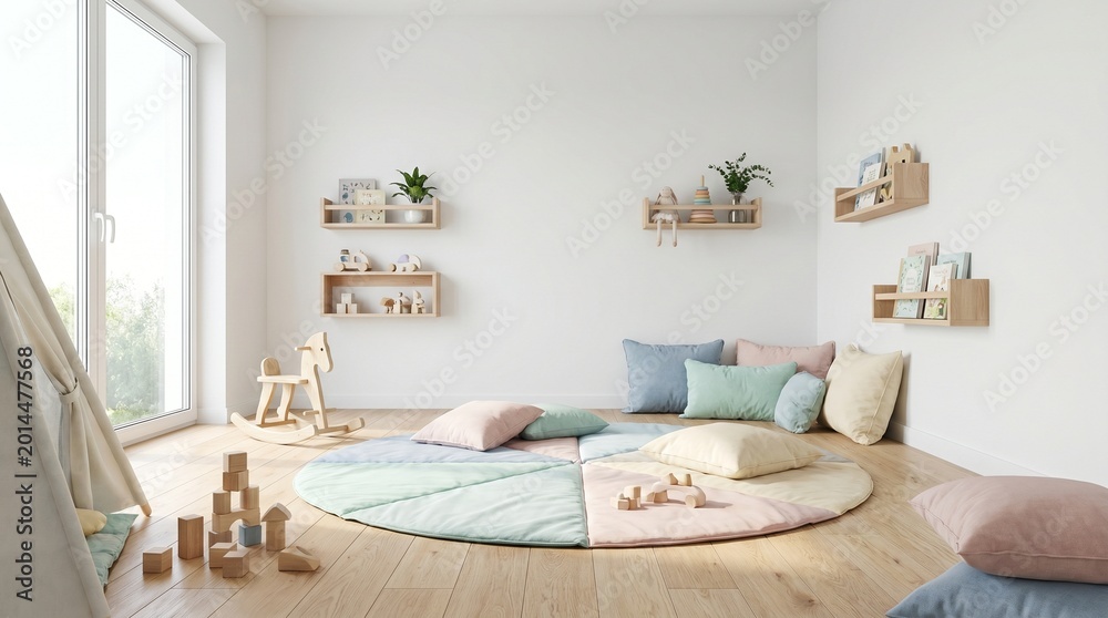 Fototapeta premium A serene playroom with pillows, toys, and shelves, bathed in natural light from a window.