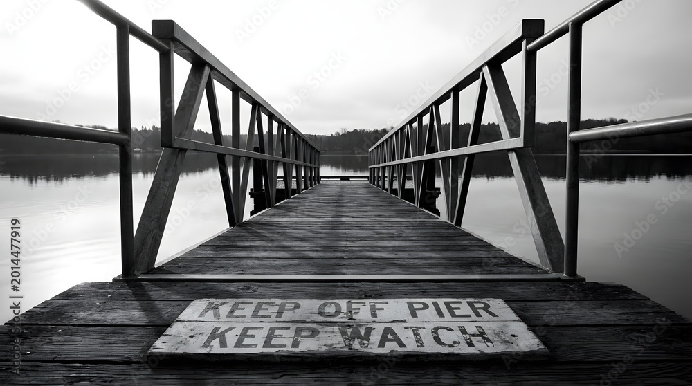 Fototapeta premium A man in a suit stands on a pier with a sign, looking out at the water and surroundings calmly.