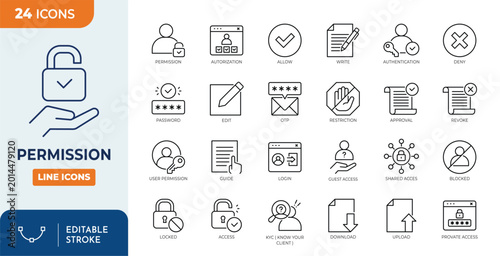 Canvastavla Permission icon set. Editable stroke. Vector illustration