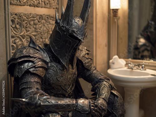 Lord of the Rings character Sauron, armored and seated on a bathroom toilet, with vintage fixtures sink, marble countertops, towel holder, ornate tile walls, regal posture, intricate - AI-Generated