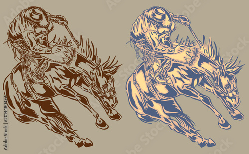 Quadro su tela Vintage rodeo cowboy on bucking horse illustration
