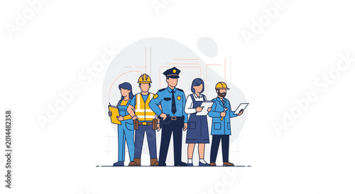 Fotografi Diverse Team of Professionals Including Construction Worker Police Officer and S