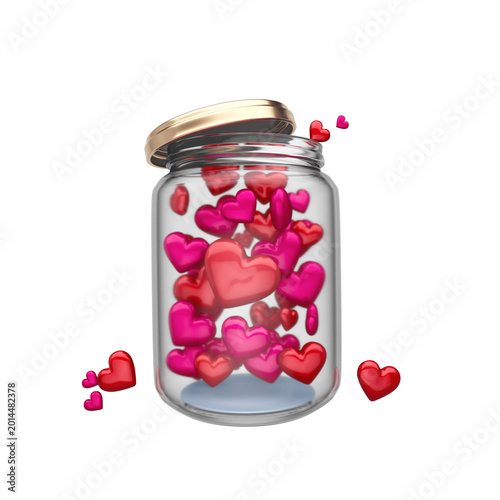 Cute love hearts jar isolated and transparent 3d rendering