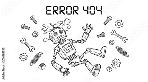 Photos Error landing page : A broken robot malfunctions and falls apart with tools scattered around it on a screen displaying an error message