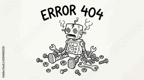 Photos Error landing page : A broken robot malfunctions and falls apart with tools scattered around it on a screen displaying an error message