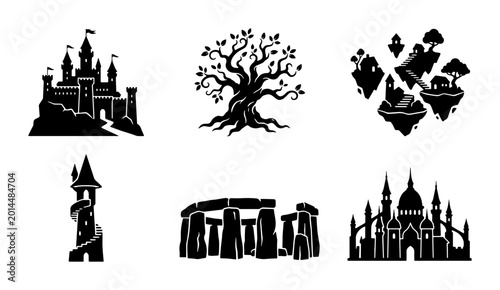 Bilde på lerret Fantasy Castle, Enchanted Tree, Floating Islands, Wizard Tower, Stonehenge, Myst