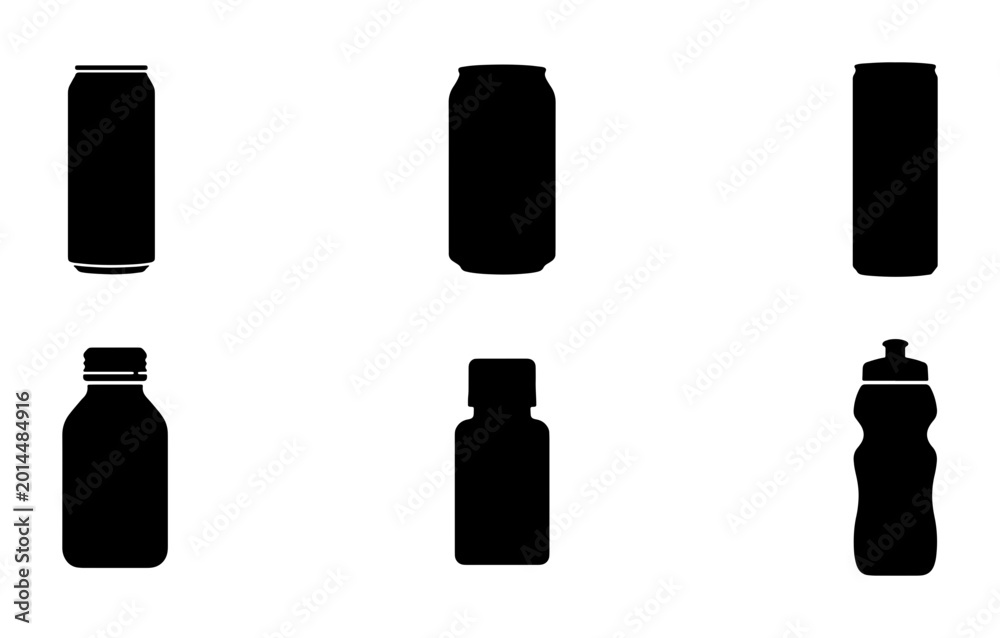 Obraz premium Set of 6 Black Beverage and Bottle Icons, Vector Graphics for Drinks and Containers